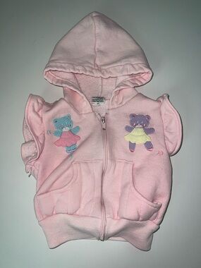 VINTAGE 90s Baby Pink Hooded Sweatshirt Baby Vest with Bear Appliqués